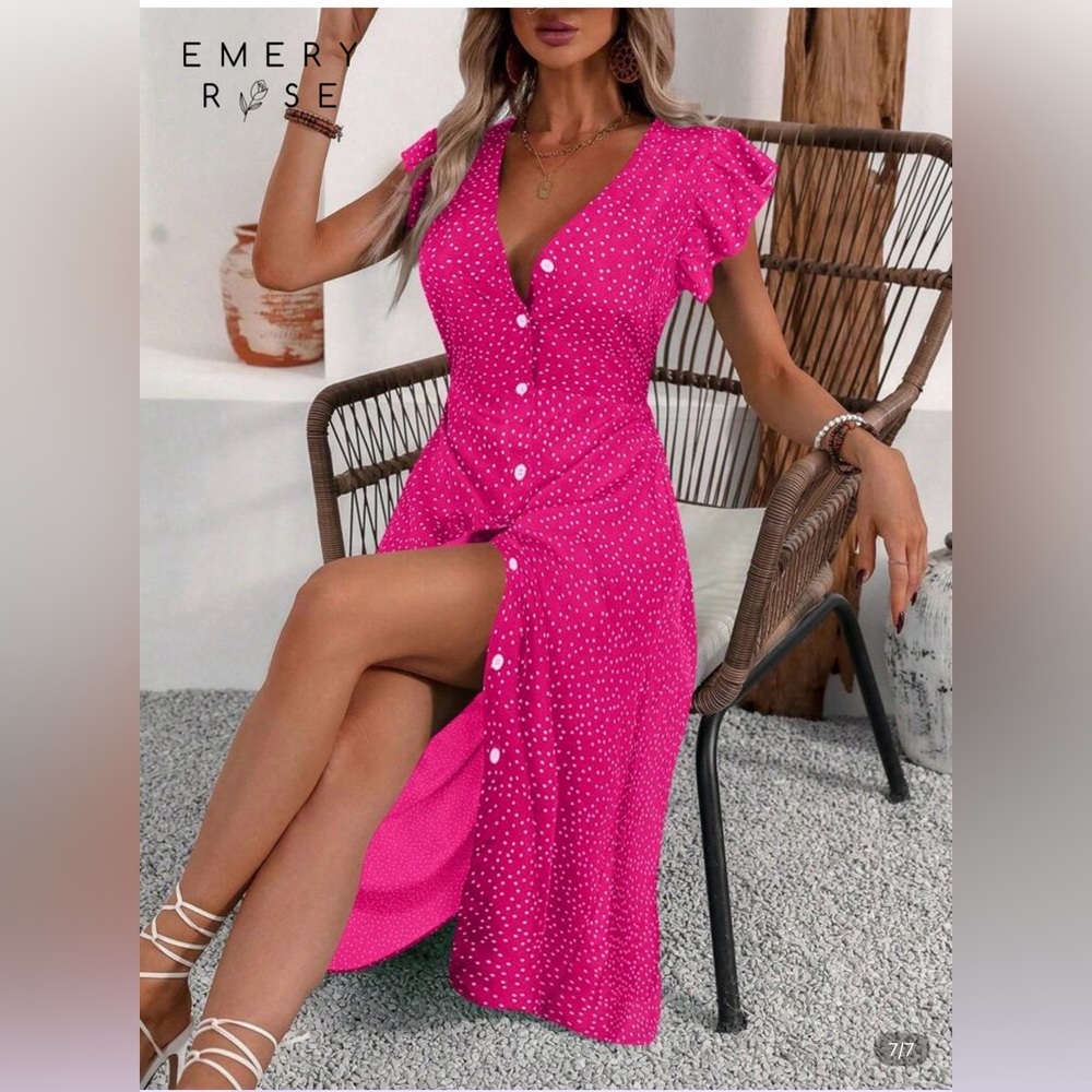 Fuchsia Polka Dot Button-Front Maxi Dress size small